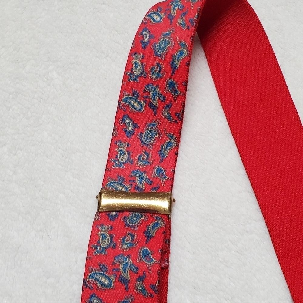 Bill Blass Vintage Stretchy Red Blue Paisley Gold Leather Button Tab Suspenders - Picture 8 of 13